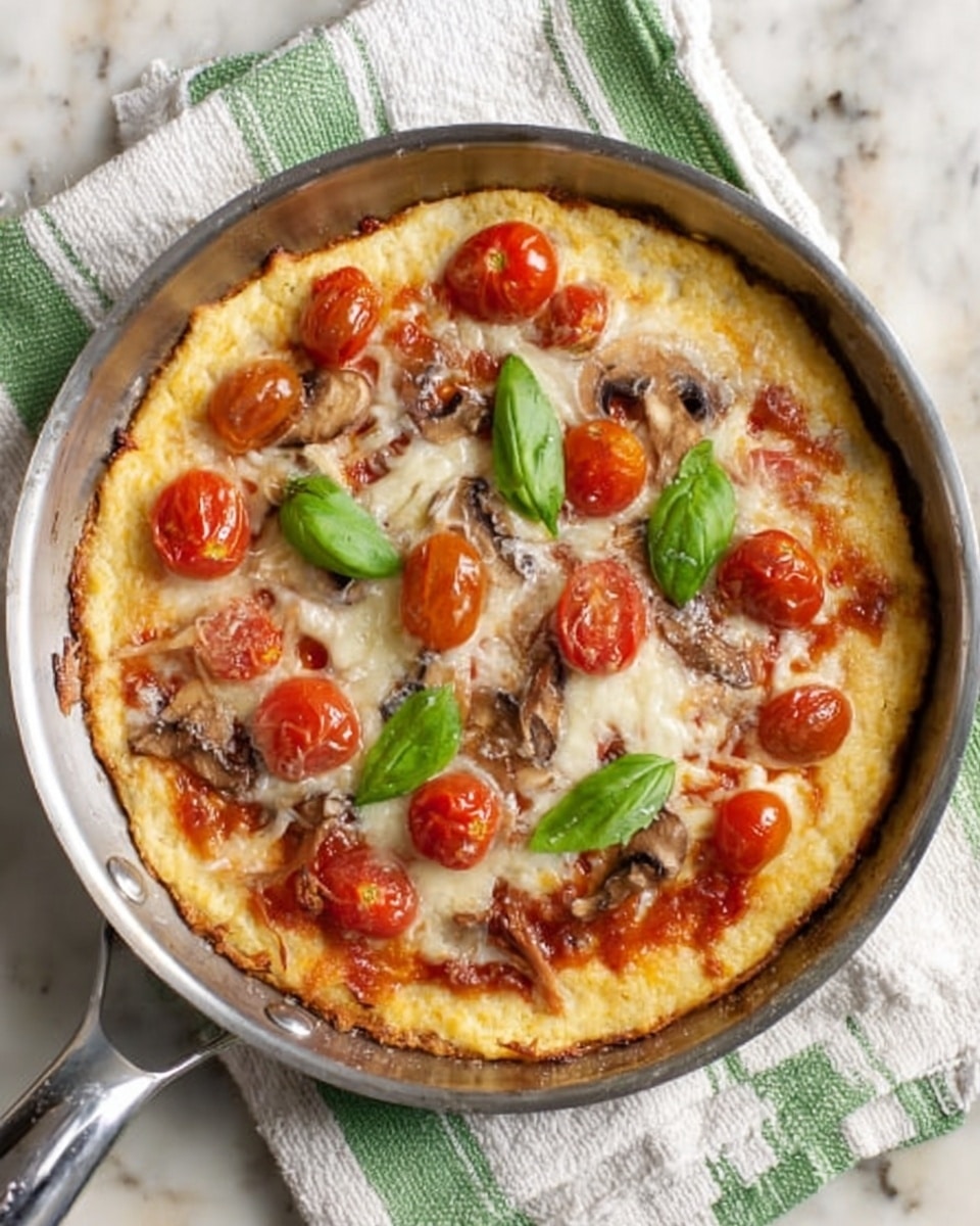 A small round pizza sitting inside a silver pan, with a thick light golden crust forming the base layer. The next layer is a spread of melted cheese that covers the entire pizza, showing some browned spots and bubbling. On top of the cheese are bright red cherry tomato slices and small pieces of browned mushroom scattered evenly. Fresh green basil leaves are placed on top as the final layer in a balanced way. The pan is resting on a white cloth with green stripes, all set on a white marbled surface. Photo taken with an iphone --ar 4:5 --v 7