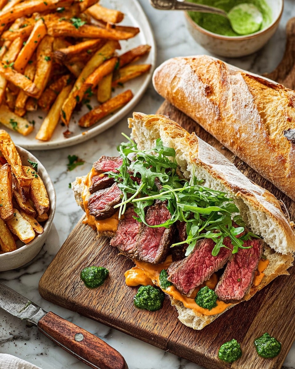 The image shows an open sandwich on a white bread roll cut in half and laid on a wooden board, with slices of rare-cooked steak layered on top, each piece showing a pink-red center and a seared outer edge. Under the steak on the bread are dollops of light orange sauce, adding a creamy texture. Bright green dollops of pesto and arugula leaves are scattered on top, adding fresh color and texture. Next to the sandwich, a long whole white bread roll rests on the board. To the side, there is a white plate piled with golden brown, crispy French fries, some slightly darker at the edges. A small bowl with bright green sauce and a spoon sits above the fries. The background surface is a white marbled texture. A wooden-handled serrated knife lies below the wooden board, completing the scene. photo taken with an iphone --ar 4:5 --v 7