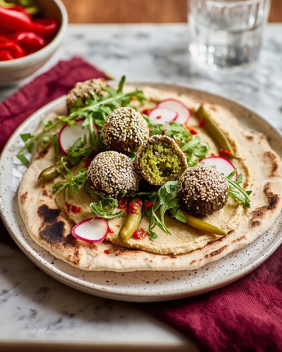 A white speckled plate holds a soft, round flatbread with some dark toasted spots spread open. On the flatbread, there is a creamy, light beige hummus sauce spread thinly, topped with four round falafel balls covered with white sesame seeds, one of which is cut open showing a bright green and crumbly inside. Surrounding the falafel are thin slices of white and purple radishes, light green arugula leaves, and a few long yellow-green chili peppers. There is also a drizzle of red chili oil over the hummus, adding a hint of color. The plate is set on a white marbled surface with a dark red cloth underneath one side. In the background, there is a glass of water and a white bowl with more peppers. photo taken with an iphone --ar 4:5 --v 7