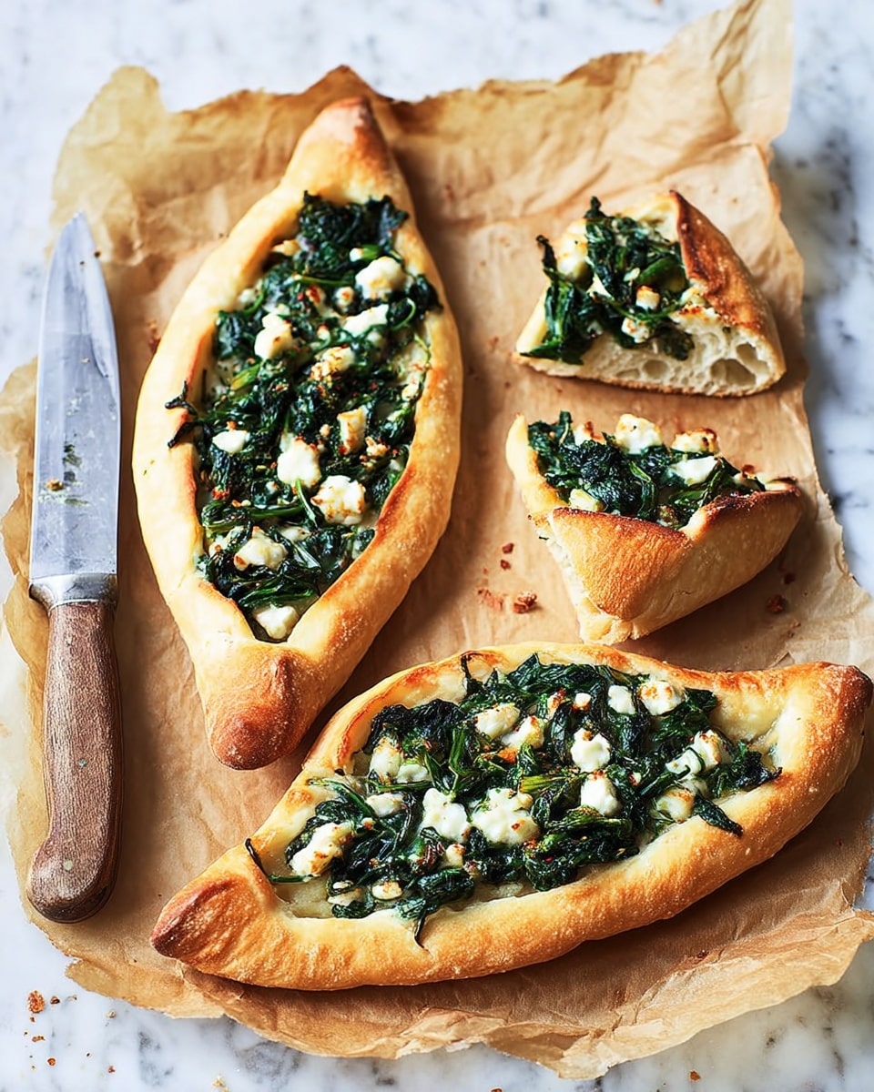 Two small oblong flatbreads sit on a piece of parchment paper over a white marbled surface, each with a golden-brown crust that is thick and puffy on the edges, tapering to a thinner base. Each flatbread has one layer of topping made of cooked dark green leafy vegetables mixed with small white cheese chunks, spread evenly in the middle but leaving the crust exposed. The surface of the topping shows some light browning and slightly wilted texture from cooking. Nearby lies a wooden-handled knife with a silver blade resting on the parchment, and one flatbread is cut into two slices, showing a soft, light interior and the same vegetable and cheese layer inside. photo taken with an iphone --ar 4:5 --v 7