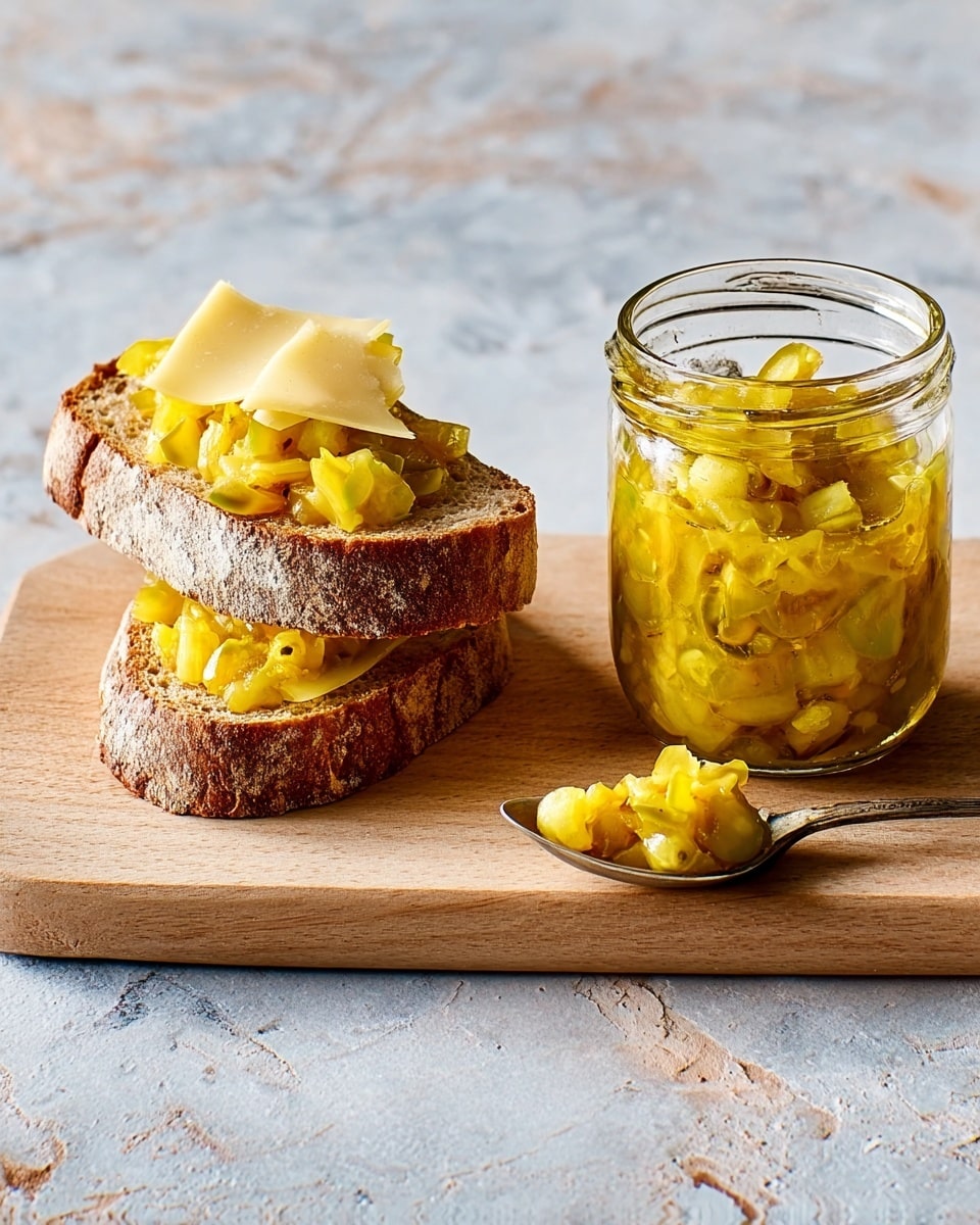 The image shows two pieces of brown bread with a rough crust placed on a light wooden board against a white marbled texture background. One slice is topped with a yellow chunky mixture that looks like pickled vegetables and a sliver of pale yellow cheese, layered with the cheese sitting directly on the bread and the pickled vegetables piled on top. To the right of the bread, there is a clear glass jar filled with the same yellow chunky mixture, and in front of it, a small silver spoon holding some of the yellow chunks rests on the board. Photo taken with an iphone --ar 4:5 --v 7