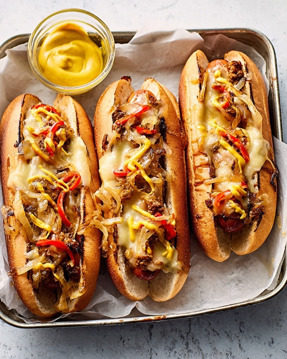 The image shows three hot dogs placed side by side in a shallow metal tray lined with white paper. Each hot dog bun is light brown and soft with some charring, holding a sausage topped with melted cheese that looks gooey and slightly dripping. On top of the cheese, there are cooked caramelized onions and small pieces of red peppers scattered. All three hot dogs have thin lines of mustard drizzled on the surface in a casual way. The tray sits on a white marbled surface, and a woman's hand is partly visible holding the tray from the left side. Nearby, a small clear glass bowl has bright yellow mustard inside. Photo taken with an iphone --ar 4:5 --v 7