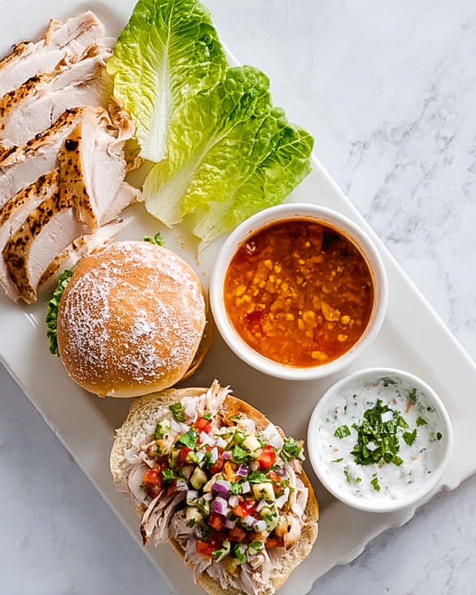 The image shows a white rectangular plate on a white marbled surface with several layers of food items. The top part of the plate has slices of roasted turkey, with golden brown skin and light pinkish inside. To the right of the turkey, there are three green romaine lettuce leaves placed side by side. Below the turkey and lettuce, there are two white sandwich buns, one open-faced with a layer of turkey slices topped with colorful salsa-like vegetables including diced red onions, green herbs, and tomatoes, and the other closed. To the right side of the plate, there is a white bowl filled with red-orange soup containing small pieces of vegetables. A small white bowl with a creamy white sauce garnished with green herbs is positioned above the turkey on the left side. All items are arranged on a clean white marbled surface. Photo taken with an iphone --ar 4:5 --v 7