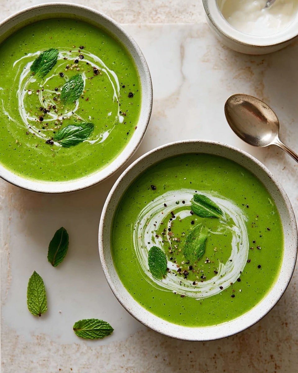 Two white bowls each hold a smooth, bright green soup, filled almost to the top. A swirl of white cream is carefully drizzled on the soup’s surface in a loose circular shape in both bowls. Small fresh green mint leaves are scattered on top, with a sprinkle of coarse black pepper adding texture and contrast. The bowls rest on a white marbled surface with a few detached mint leaves scattered around. In the top right corner, a white bowl with a spoon is partially visible, holding more white cream inside. photo taken with an iphone --ar 4:5 --v 7