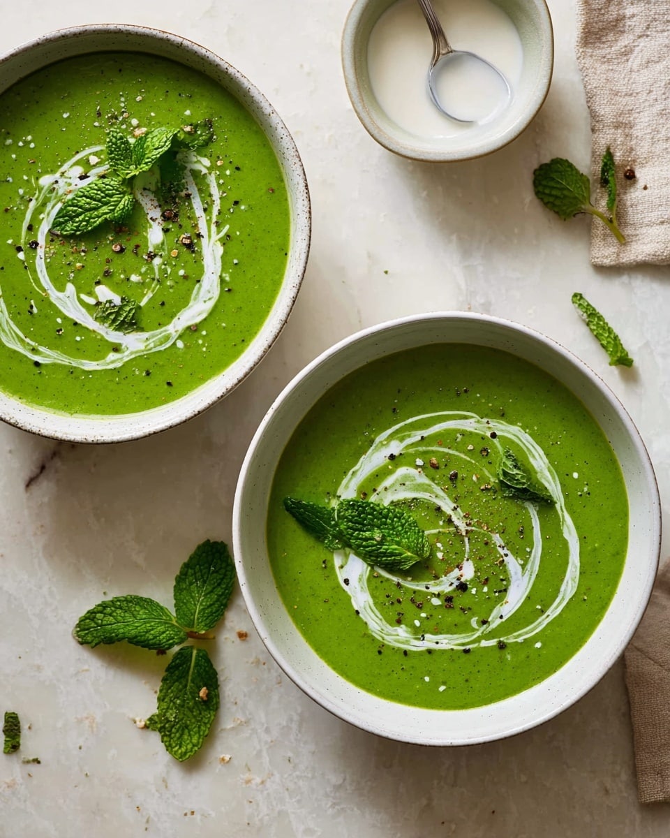 Two white bowls filled with smooth, bright green soup sit on a white marbled surface. Each bowl has a swirl of white cream on top, forming loose circular patterns. Fresh green mint leaves are placed on the surface of the soup, with a light sprinkle of black pepper adding tiny dark dots. A small white bowl with white sauce and a spoon rests nearby, along with a few scattered mint leaves on the surface. The scene is softly lit, highlighting the textures and colors clearly. photo taken with an iphone --ar 4:5 --v 7