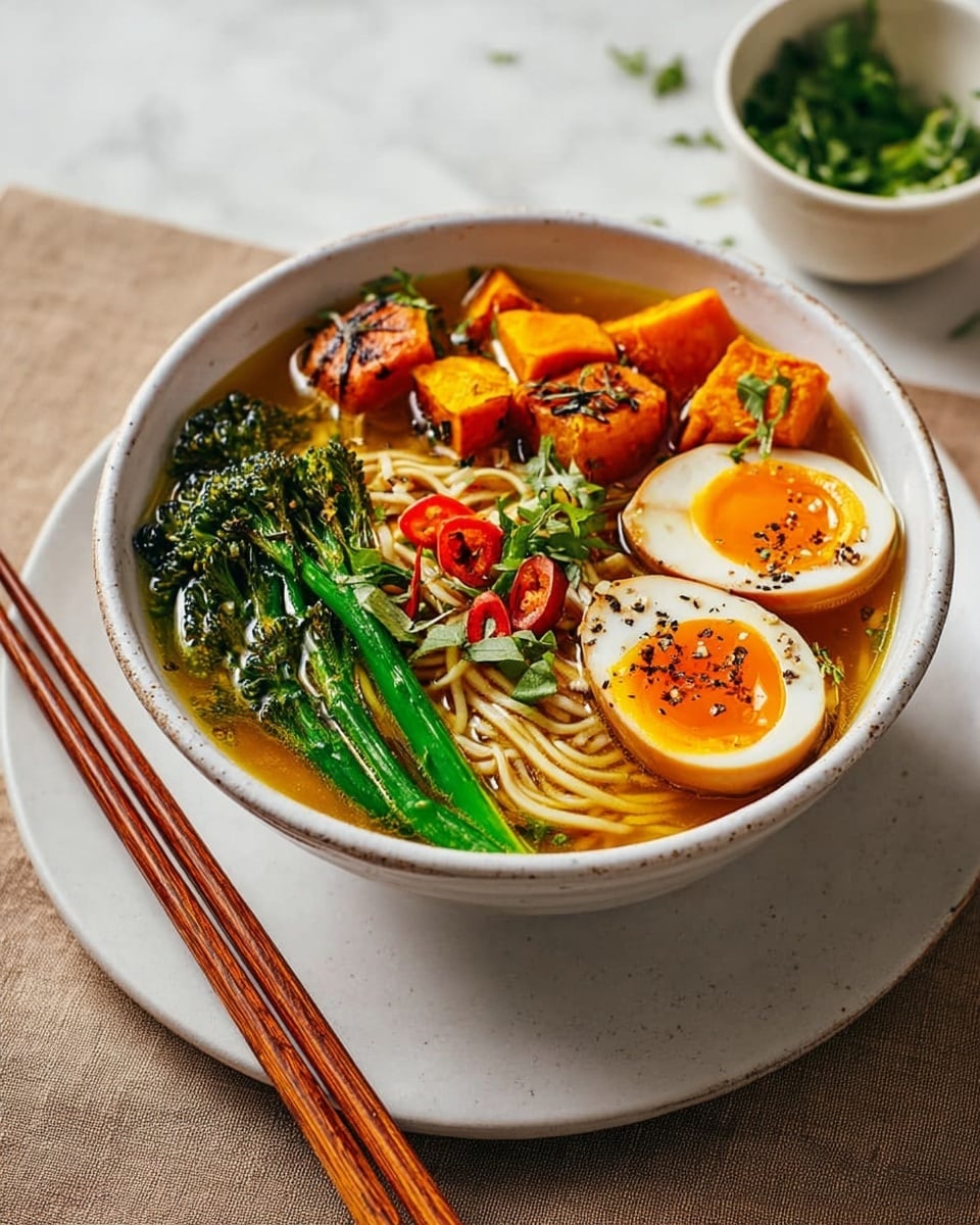 A white bowl filled with a noodle soup sits on a matching white plate over a white marbled surface. Inside the bowl, there are three main layers: at the bottom, light brown noodles soaking in a golden broth; above that, bright green broccoli stalks arranged neatly on the left side; and on the right, roasted orange sweet potato cubes with a slightly charred texture. Two halves of a soft-boiled egg with bright orange yolks and white edges are placed on top to the right, sprinkled with black pepper, along with thin slices of red chili pepper and fresh green herbs scattered around. A pair of wooden chopsticks rests on the white plate beside the bowl, and a small white bowl with green herbs is seen in the background. photo taken with an iphone --ar 4:5 --v 7
