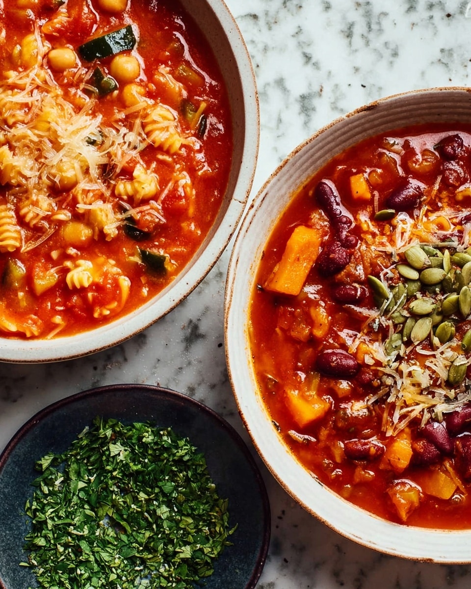 The image shows two white bowls with rich, thick soups set on a white marbled surface: the bowl on the left is filled with a bright red tomato-based soup mixed with chickpeas, pasta, and bits of green vegetables, topped with small scattered pieces of grated pale-yellow cheese; the bowl on the right contains a deep red-orange stew-like mixture with kidney beans, pumpkin chunks, some green herb garnish, and a few pumpkin seeds on top. Below the bowls, there is a dark plate holding chopped green herbs. The textures are thick and hearty, with a focus on warmth and vibrant colors. photo taken with an iphone --ar 4:5 --v 7