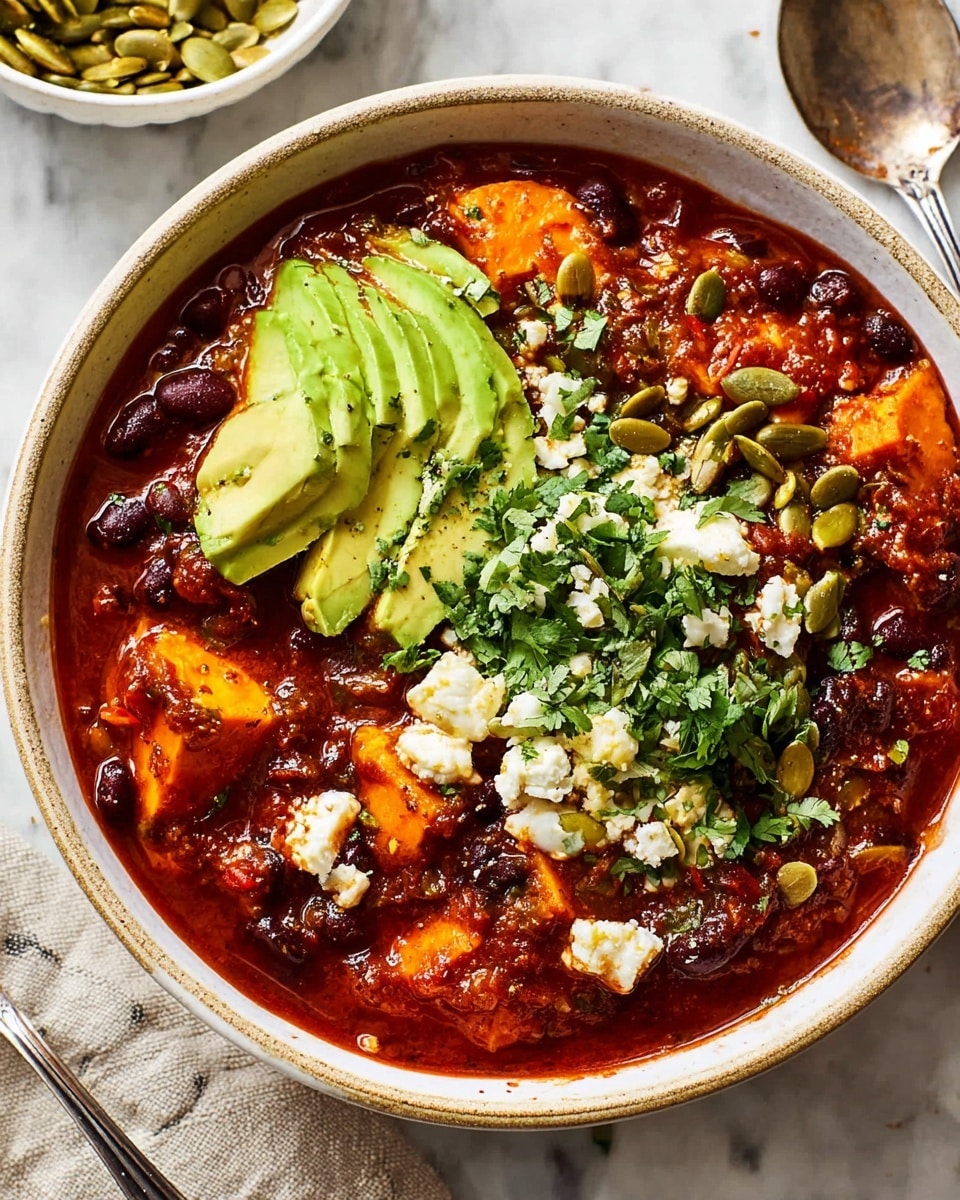 A white ceramic bowl filled with three distinct layers is shown. The bottom layer is thick, dark red chili with visible chunks of black beans and soft-looking pieces of orange sweet potato, giving a hearty and rich texture. On top of the chili, there are fresh green slices of avocado arranged on one side. Scattered across the bowl are small crumbled white cheese pieces and lots of green pumpkin seeds. The dish is sprinkled evenly with chopped fresh cilantro, adding a vibrant green touch. Everything is placed on a white marbled surface with part of a silver spoon and edge of another white bowl visible nearby. Photo taken with an iphone --ar 4:5 --v 7