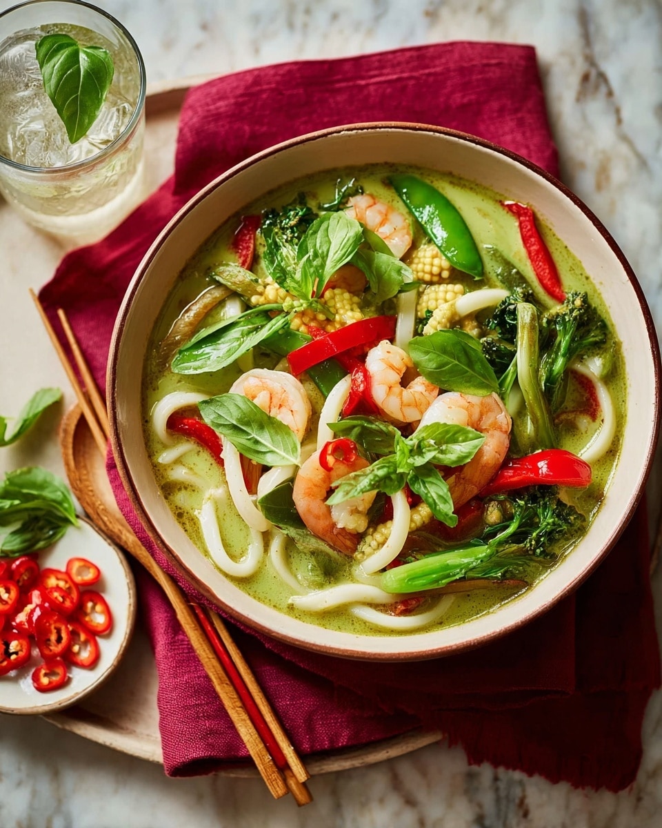 A white bowl with a brown rim is filled with a vibrant green curry soup containing thick white udon noodles layered at the center, surrounded by pink shrimp, baby corn, green snap peas, red bell pepper slices, and bright green broccolini. On top are fresh green basil leaves, sliced red chili, and chopped green onions scattered across the thick broth. The bowl rests on a folded deep red cloth on a white marbled surface with a pair of wooden chopsticks set beside it. Next to the bowl is a small white plate holding red chili slices and fresh basil leaves. A glass of water with ice sits nearby. photo taken with an iphone --ar 4:5 --v 7