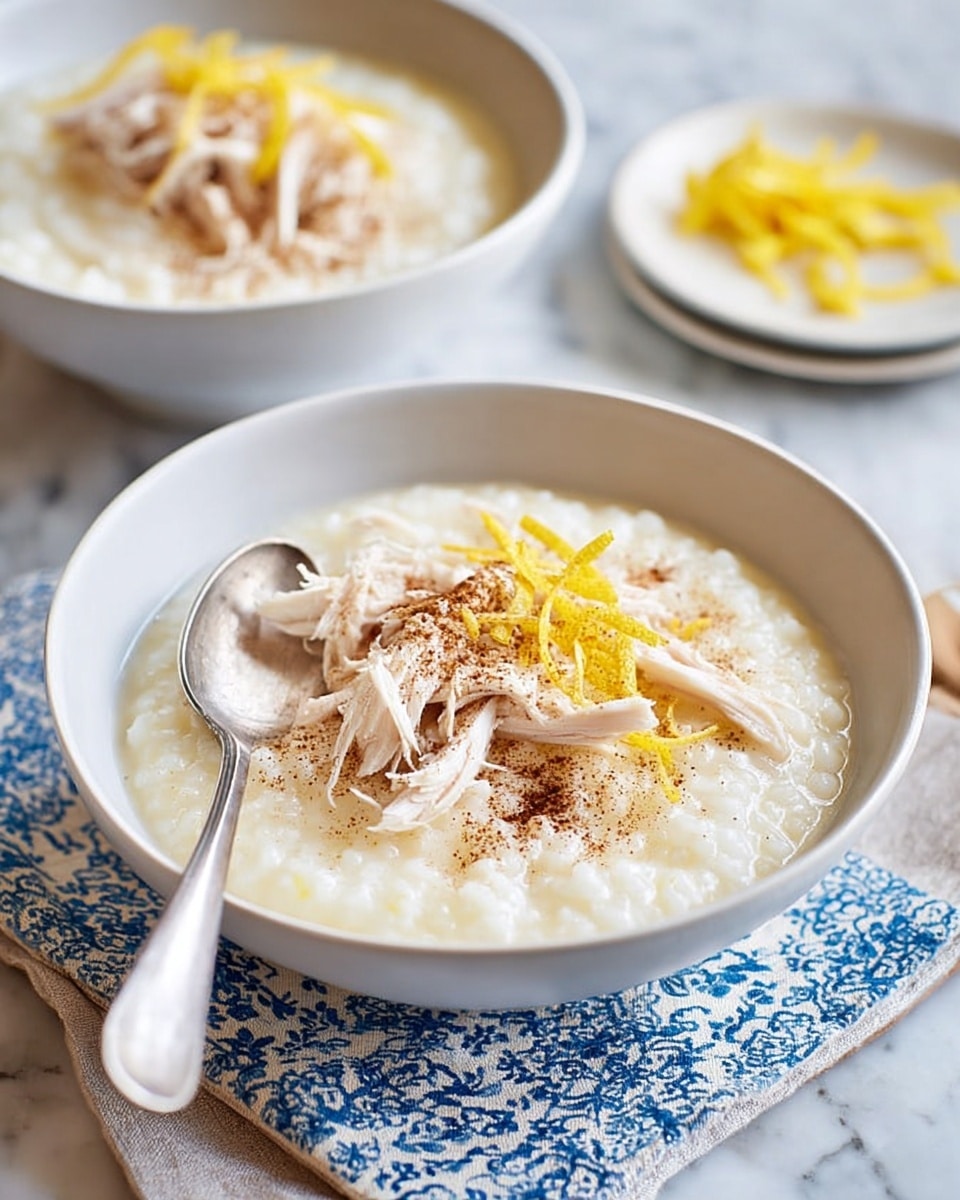 A white bowl sits on a blue and white patterned cloth atop a white marbled surface, filled with three layers: the bottom layer is creamy white rice pudding with a soft, thick texture, the middle layer features shredded white chicken pieces laid on top, and the top layer is sprinkled with dark brown cinnamon powder and thin yellow lemon zest strips. A silver spoon rests inside the bowl near the edge. In the background, another similar bowl and a small white plate holding more lemon zest strips are visible on the white marbled surface. photo taken with an iphone --ar 4:5 --v 7