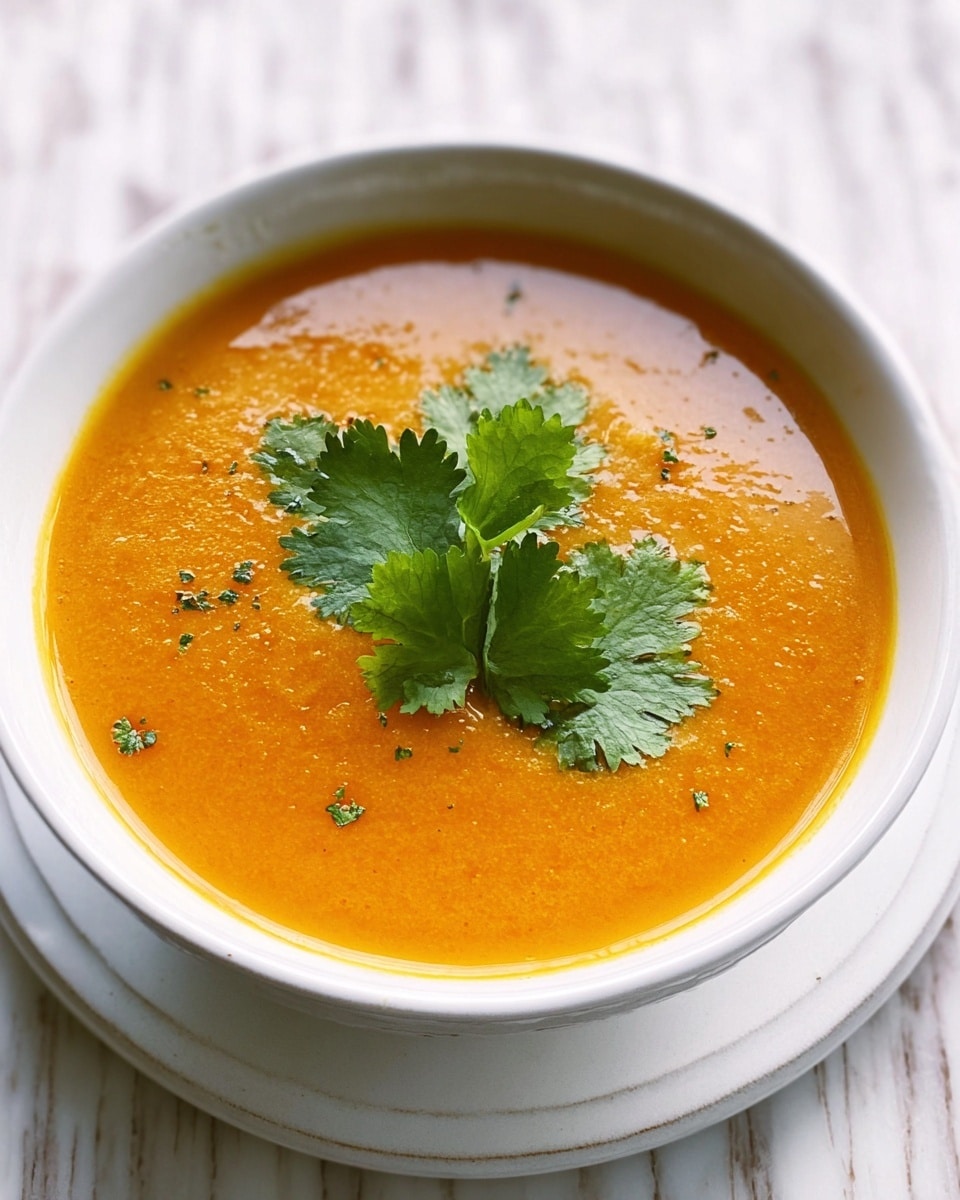 A shallow white bowl filled with smooth orange soup, topped with three bright green cilantro leaves placed in the center, sitting on a white marbled surface with soft natural light highlighting the texture of the soup. Photo taken with an iphone --ar 4:5 --v 7
