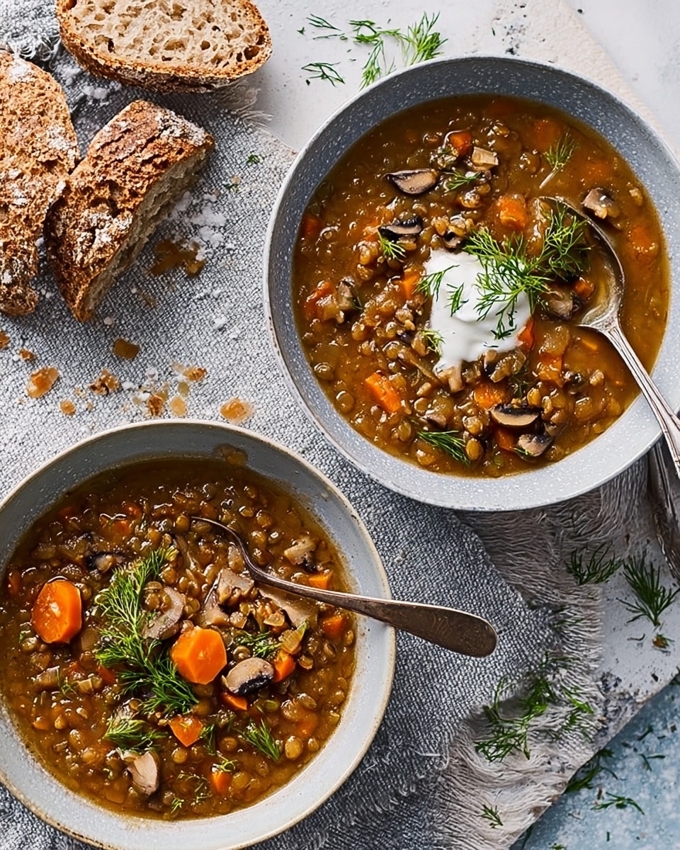Two white bowls filled with a thick, brown soup containing visible small grains, orange carrot pieces, and slices of mushrooms, topped with green dill sprigs; one bowl is garnished with a dollop of white cream. Each bowl contains a silver spoon resting inside, positioned on textured light grey cloth on a white marbled surface. In the top left corner, there are two pieces of rustic bread with a coarse texture. The setting gives a cozy, homemade feeling. Photo taken with an iphone --ar 4:5 --v 7