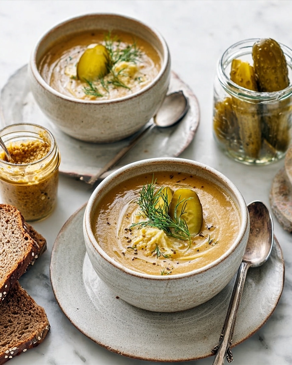 Two rustic white ceramic bowls sit on a white marbled surface, each filled with creamy soup of light brown color and smooth texture. Each bowl is topped with swirling melted cheese, a slice of wavy pickle, and a sprig of fresh green dill adding a pop of color. One bowl is placed on a matching ceramic plate with a silver spoon next to it, and a small piece of brown bread is partially visible nearby. Behind the bowls are two glass jars, one filled with pickles and the other with a grainy mustard. Photo taken with an iphone --ar 4:5 --v 7