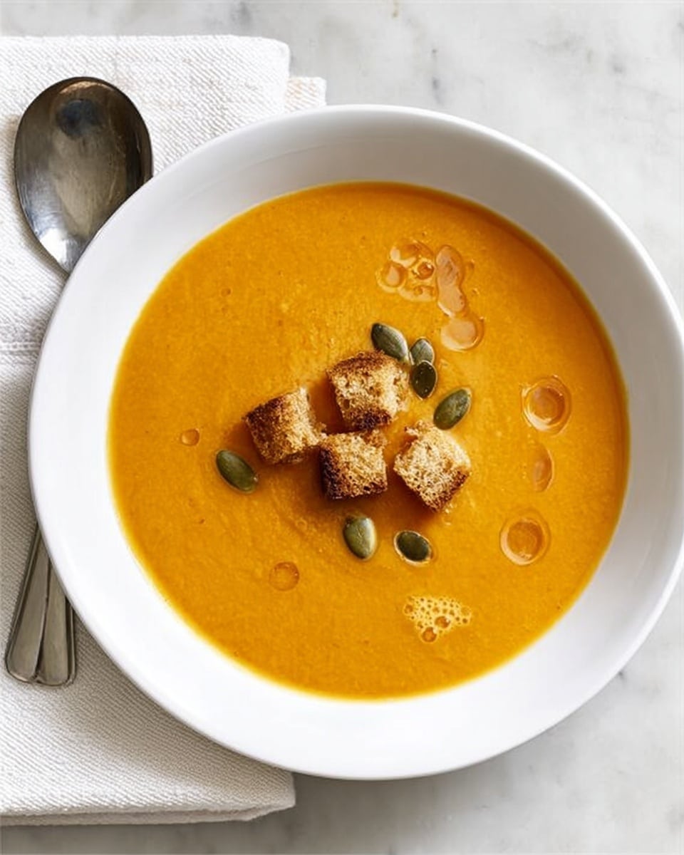 A white shallow bowl holds a smooth, thick orange soup filling most of the bowl. On the surface of the soup, there are several small, golden-brown croutons clustered near the center, with a few green pumpkin seeds scattered around them. A light drizzle of oil creates small glossy spots on the soup’s surface. The bowl is placed on a white marbled textured background with a folded white cloth napkin alongside, and a shiny silver spoon resting next to it. photo taken with an iphone --ar 4:5 --v 7