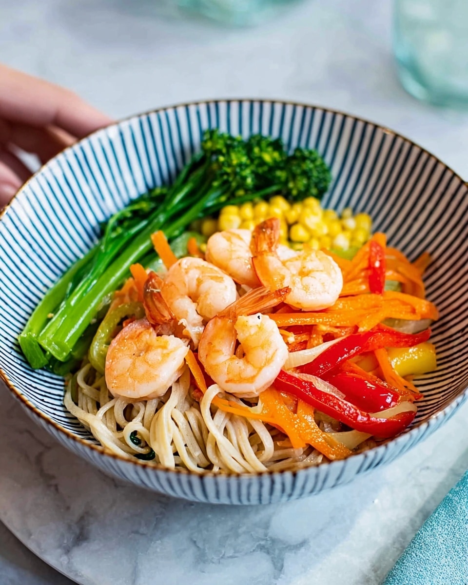 The dish is served in a white bowl with blue vertical stripes and has three main layers. The bottom layer shows beige noodles with a smooth texture filling the bowl. On top of the noodles, there is a colorful mix of vegetables, including bright yellow baby corn, thin orange carrot strips, and vibrant red bell pepper slices, all mixed with translucent onion pieces. The top layer features several curled pink shrimp arranged neatly, with a fresh green broccolini stalk placed on top for a pop of color. The bowl sits on a white marbled surface, and part of a woman's hand is reaching towards it. photo taken with an iphone --ar 4:5 --v 7