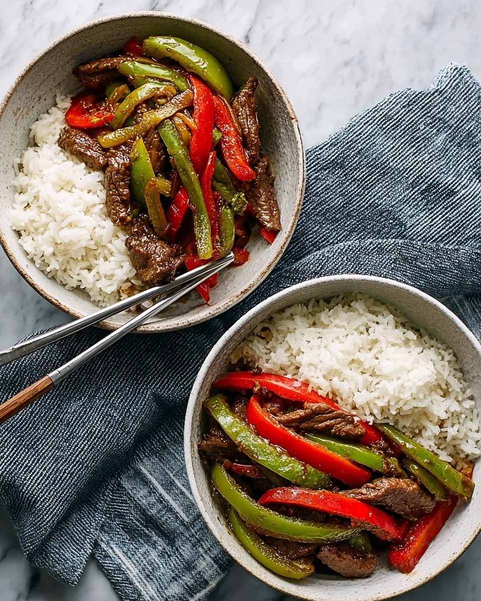 Two white bowls filled with a stir fry dish sit on a white marbled surface with a blue and white striped cloth underneath. Each bowl contains a layer of white rice on one side, looking fluffy and soft. On the other side, there is a mix of green and red bell pepper slices with browned pieces of meat, all cooked with a slight glossy texture. Two metal chopsticks rest across the edge of the bowl in the lower left corner. photo taken with an iphone --ar 4:5 --v 7
