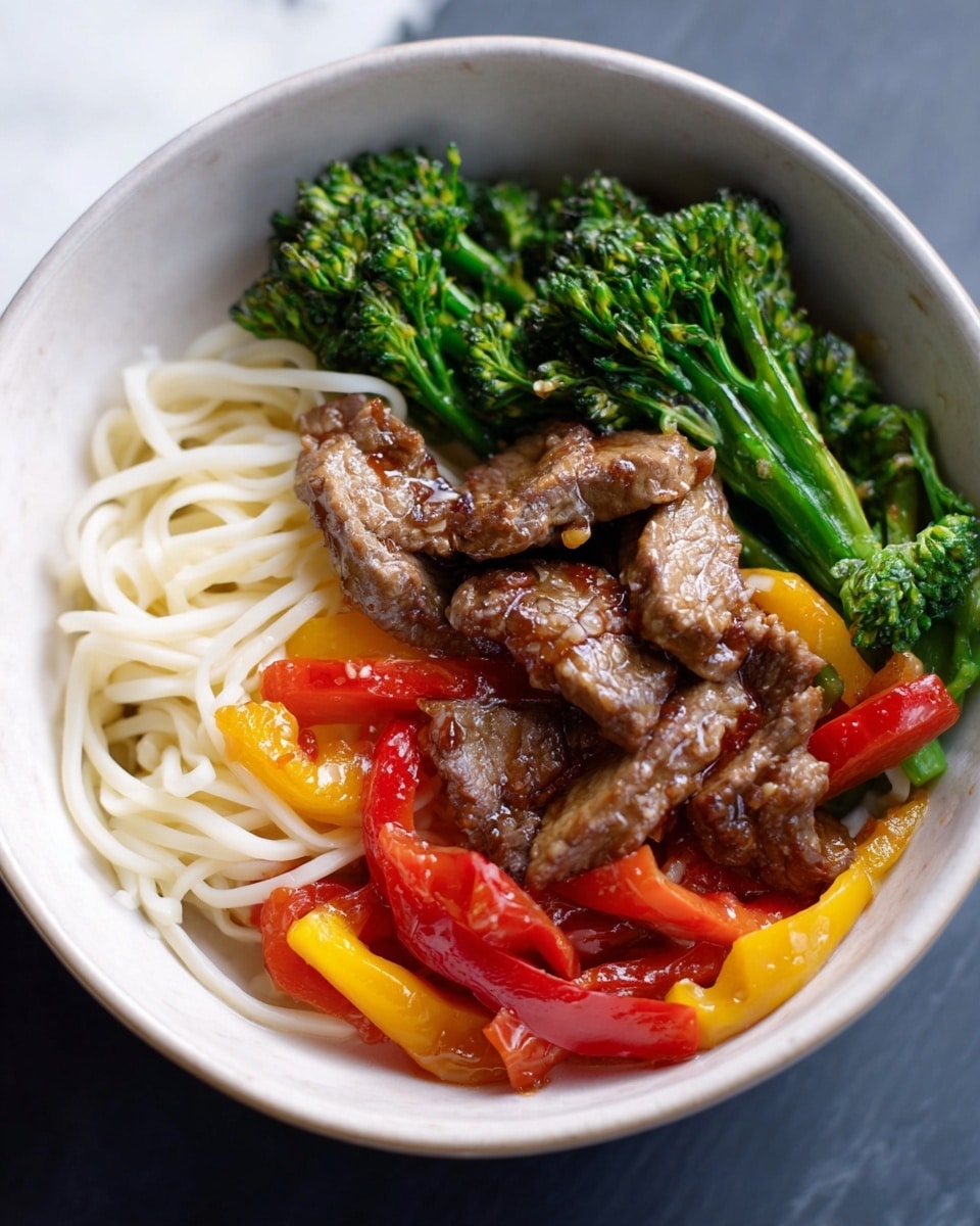 A white bowl filled with three main layers: a base layer of thin white noodles neatly arranged on one side, a colorful mix of green broccolini and bright yellow and red bell pepper pieces scattered over tender slices of brown meat glazed with a shiny sauce, all sitting on a white marbled surface. The broccolini has a fresh, slightly rough texture, while the meat looks soft and juicy with a light sheen, and the bell peppers add crisp, vibrant colors alongside the noodles. Photo taken with an iphone --ar 4:5 --v 7