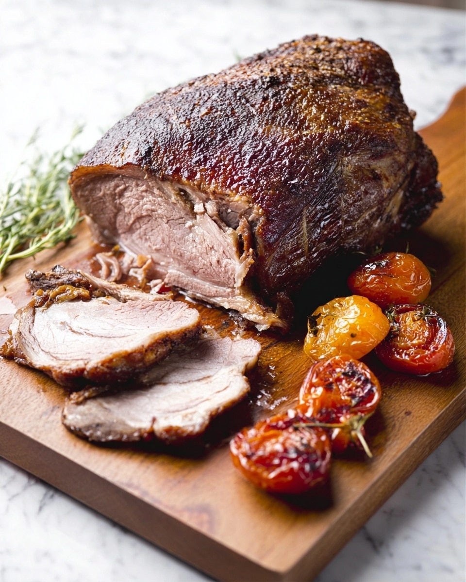 A large, well-roasted piece of meat with a dark, crispy outer layer and a tender, light brown inside sits on a wooden cutting board. Two slices of the meat lie in front, showing the juicy texture and slight marbling. To the side, there are three caramelized grilled tomatoes with shiny, golden brown and red skins. A small bunch of thin green herbs is placed on one corner of the board. The whole setup is on a white marbled surface. Photo taken with an iphone --ar 4:5 --v 7