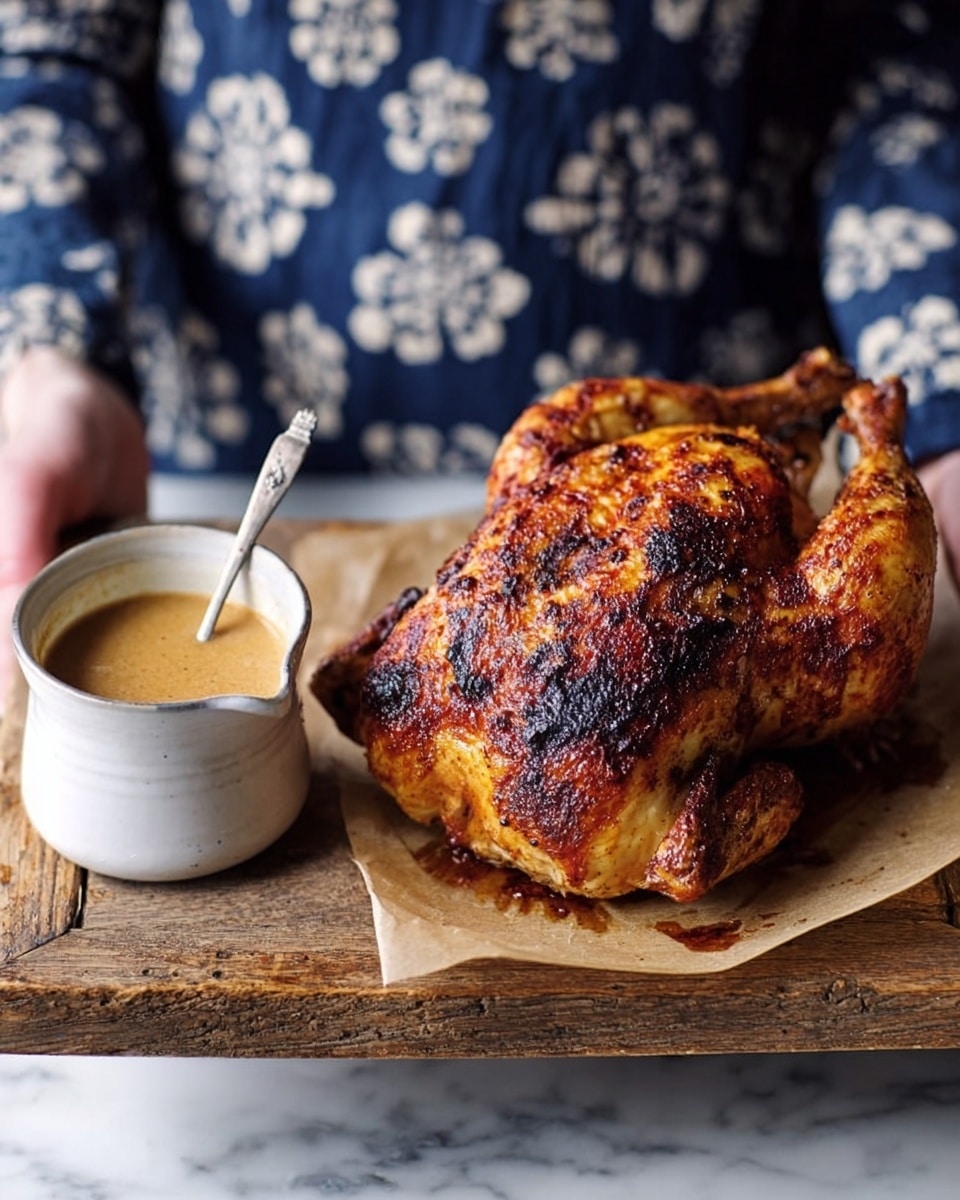 A whole roast chicken with a golden brown, crispy skin sits on a piece of parchment paper on top of a wooden board. The chicken is roasted evenly with some darker spots showing its crispiness. Next to the chicken on the board is a small white ramekin filled with a creamy light brown sauce, with a spoon resting inside. A woman's hands are holding the board, and she is wearing a dark blue floral dress. The background is a white marbled texture. photo taken with an iphone --ar 4:5 --v 7