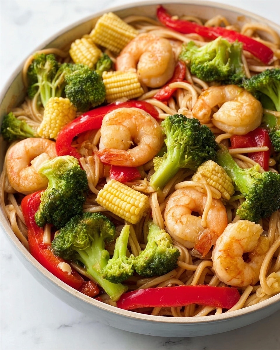 A close-up view of a white bowl filled with stir-fried noodles layered at the bottom, light brown in color with a soft texture. On top of the noodles, there is a mix of boiled broccoli florets in bright green, whole baby corn in pale yellow, and chopped red bell peppers with a smooth surface. Scattered among the vegetables are plump, pink shrimp with a slightly shiny and cooked texture. The bowl sits on a white marbled surface, giving a clean and fresh look. Photo taken with an iphone --ar 4:5 --v 7