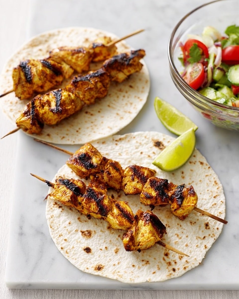The image shows two white round flatbreads on a white marbled surface. Each flatbread holds two wooden skewers with grilled chicken pieces, which are golden brown with visible dark grill marks. On the flatbread in the front, there is also a small lime wedge placed near the skewers. In the background, on the right side, there is a clear glass bowl containing a colorful salad with bright green, red, and white fresh vegetables. The setup is simple and clean. Photo taken with an iphone --ar 4:5 --v 7