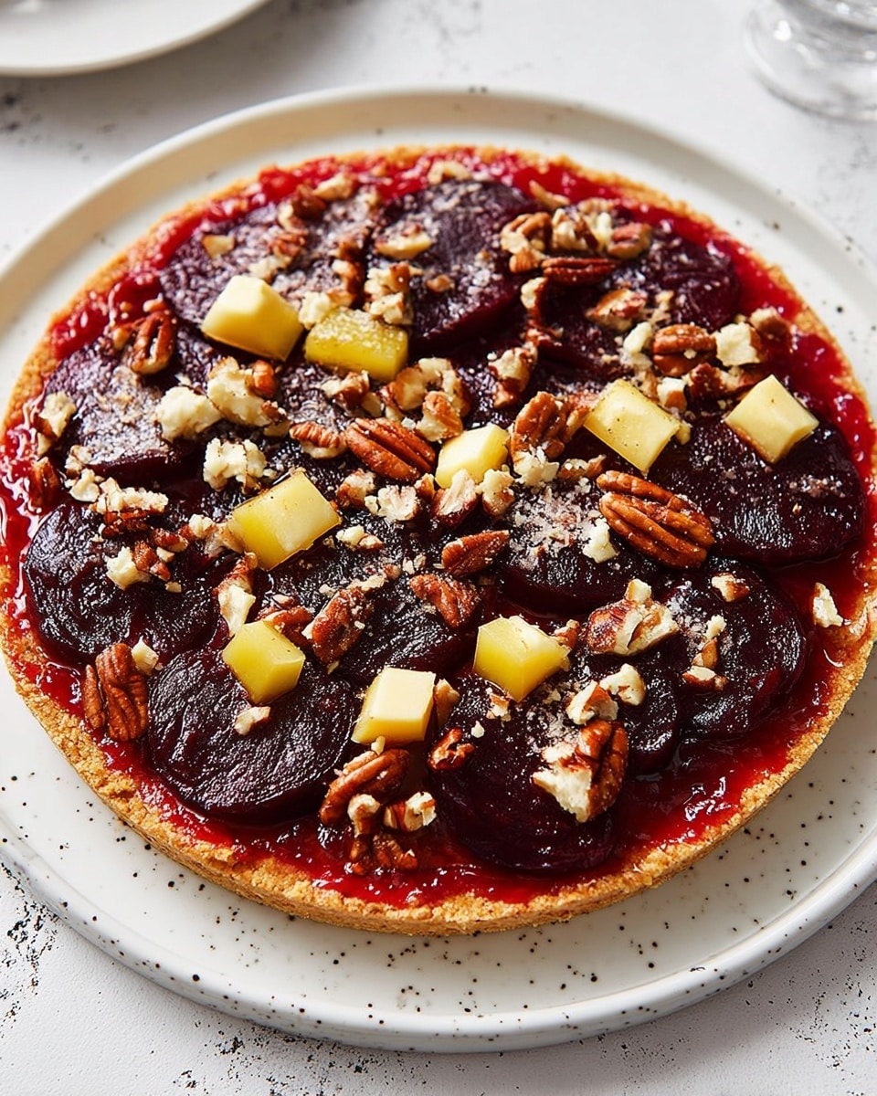 A round tart sits on a white plate with a slightly speckled surface, placed on a white marbled texture table. The tart has a golden brown crust forming the base layer. On top of this crust is a bright red layer of jam or sauce spread evenly. Over the red layer, dark purple slices of cooked beets are arranged to cover the whole tart. Scattered over the beets are small chunks of pale yellow cheese and pieces of brown pecans, adding texture and color contrast. The tart looks fresh and colorful with three distinct layers visible: crust, red spread, and toppings. Photo taken with an iphone --ar 4:5 --v 7