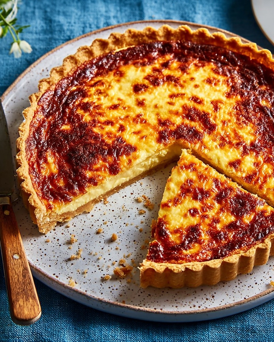 A golden brown quiche with a slightly crispy, darker browned top layer and a lighter, creamy, yellow layer beneath it is placed on a white speckled plate. The thick crust is light brown and crumbly, holding the filling in a round shape with a scalloped edge. One slice has been cut and slightly pulled out, showing the smooth, creamy inside and the crust’s thickness. The plate rests on a blue fabric surface with small crumbs scattered near the cut slice. A wooden-handled knife lies next to the quiche on the plate. photo taken with an iphone --ar 4:5 --v 7