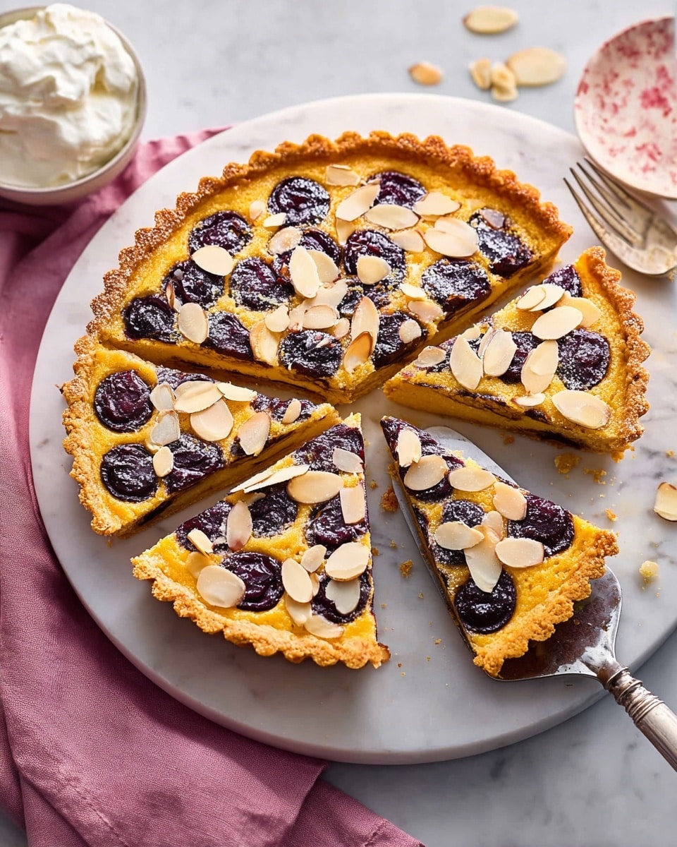 A round tart is sliced into five pieces on a white marble plate. The tart has a golden brown crust with a slightly scalloped edge and a yellow almond filling. Dark purple cherries are spread evenly on top of the filling, and light tan sliced almonds are scattered over the cherries. One slice is lifted with a silver spatula on the right side. Nearby, there is a small white bowl filled with whipped cream and a spoon inside it. The background is a white marbled texture with parts covered by a soft pink cloth. photo taken with an iphone --ar 4:5 --v 7