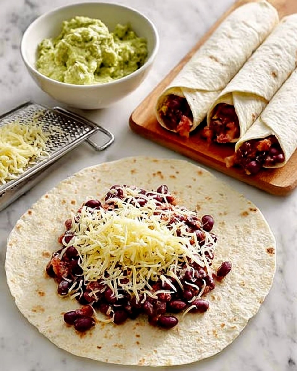 The image shows a white tortilla flat on a white marbled surface, topped with a layer of dark red beans mixed with small pieces of vegetables, followed by a thin layer of shredded pale yellow cheese sprinkled on top. Behind the tortilla, there is a white bowl filled with creamy green guacamole. Next to this bowl, a metal grater holds some more shredded cheese, with a small pile of cheese beside it. In the background, two rolled burritos wrapped in white tortillas are placed on the white marbled surface, with their open ends showing similar beans and cheese filling inside. Photo taken with an iphone --ar 4:5 --v 7