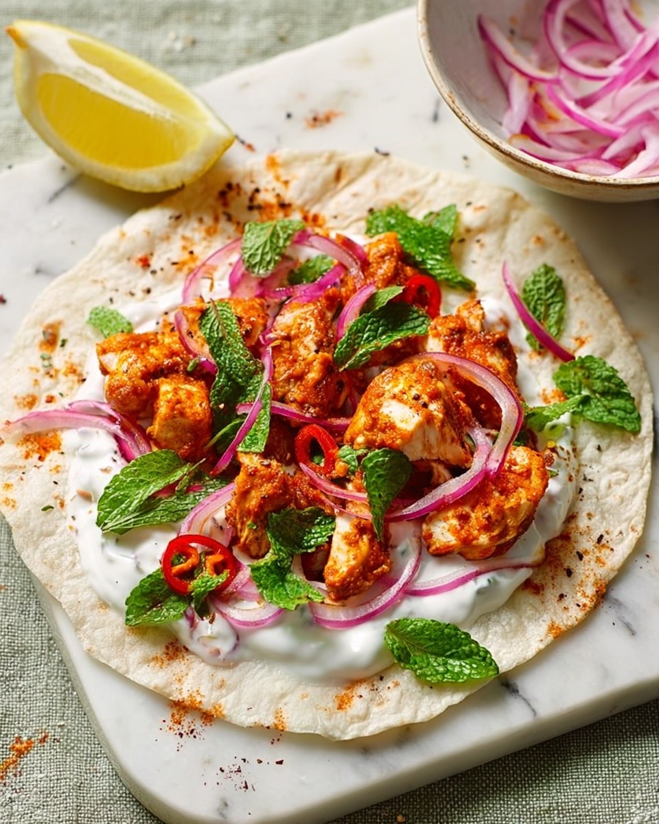 A white flatbread is the base layer, topped with a creamy white sauce spread unevenly, creating a soft texture. On top, there are chunks of orange-brown cooked chicken with visible spices, arranged in the center. Scattered thin slices of bright red chili and acute-edged red onion rings add a fresh, crisp contrast across the chicken. Green mint leaves are placed on top, adding a touch of brightness. A wedge of yellow lemon rests beside the wrap on a white marbled surface, and there is a woman’s hand holding a white bowl with more onion slices in the background. Photo taken with an iphone --ar 4:5 --v 7