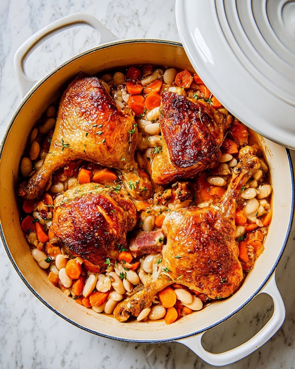 A round white enamel pot with handles contains a dish with three large golden-brown roasted chicken legs on top. Beneath the chicken legs, there is a bed of cooked white beans and sliced orange carrots mixed with small herbs and bits of cooked meat, creating a colorful and textured base. The chicken skin is crispy with a shiny, browned surface, and the beans and carrots look soft and stew-like. The pot’s white lid is partially open on the side, showing the food inside. The background is a white marbled texture. photo taken with an iphone --ar 4:5 --v 7