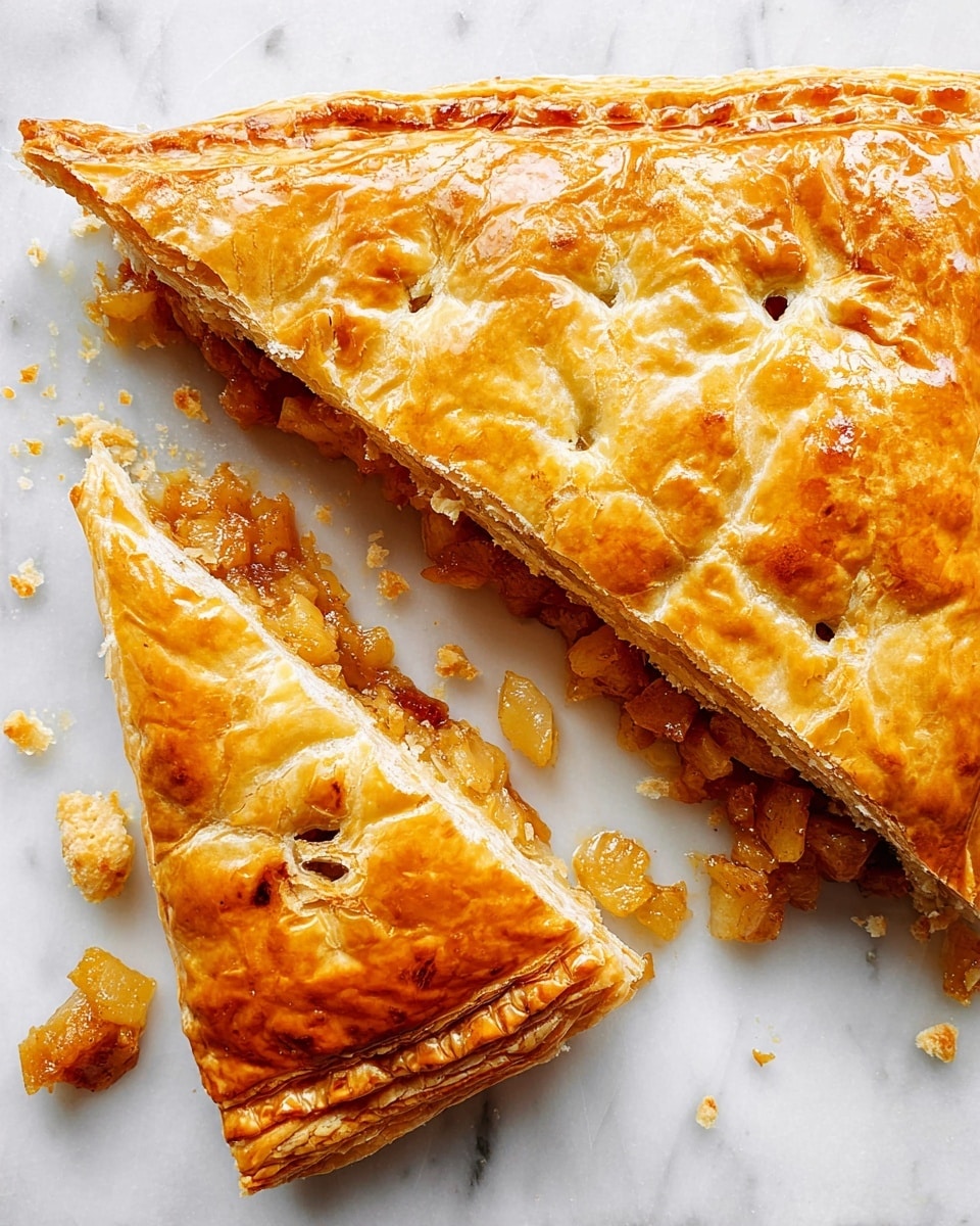 A golden brown puff pastry pie is placed on a white marbled surface, with one triangular slice cut and slightly pulled away. The top layer is shiny and crisp with small vent holes, showing a flaky texture. Inside, there is a warm, chunky filling with small orange-yellow pieces that look soft and cooked, spilling out slightly from the cut slice. Crumbs from the crust are scattered around the pie. Photo taken with an iphone --ar 4:5 --v 7