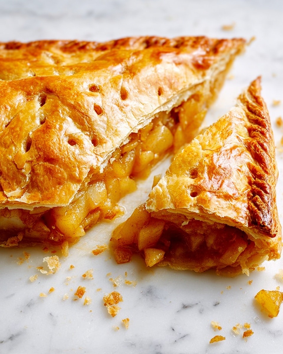 A golden brown puff pastry pie is shown on a white marbled surface, with one triangular slice cut and slightly pulled away from the main piece. The flaky top layer is crisp and shiny with small vent holes, while underneath, a chunky filling of soft, cooked apple pieces in a warm yellow-orange color is visible, spilling out gently onto the surface. Crumbs from the crust are scattered around, adding texture to the scene. photo taken with an iphone --ar 4:5 --v 7