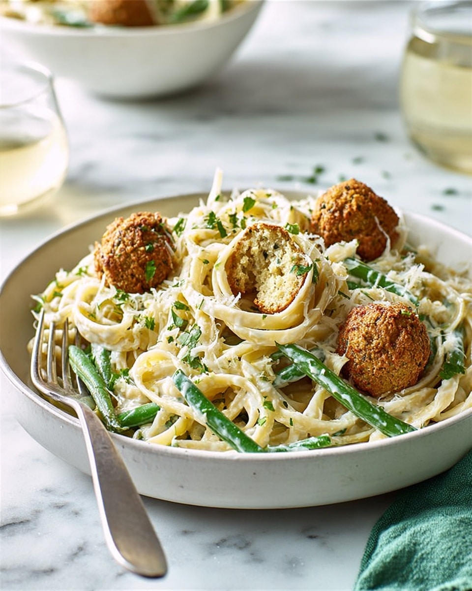 A white shallow bowl holds a plate of creamy pasta with three golden-brown falafel balls placed on top and sides. The pasta is tossed with white sauce and fresh green beans, sprinkled with chopped green herbs. One falafel ball is cut open, showing a soft beige inside. A silver fork rests inside the bowl on the left side. The bowl sits on a white marbled surface with a blurred white bowl and a glass of light-colored drink in the background, and a green cloth is partially visible at the bottom right corner. Photo taken with an iphone --ar 4:5 --v 7