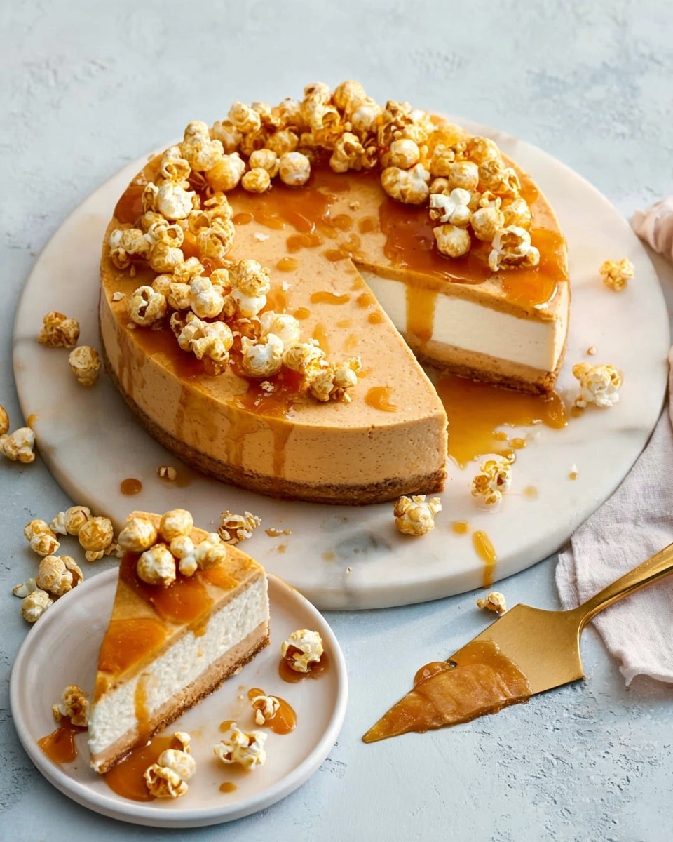 A round, light brown cheesecake with a smooth, slightly shiny top layer, drizzled with golden caramel sauce that spreads unevenly. On top, there is a circle of pale yellow popcorn, some scattered inside the circle. A slice is cut out showing three layers: a thick, creamy white middle layer, a thin, tan base layer, and topped with the caramel brown layer seen on top. The whole cake is on a white marble plate and a piece of the slice is on another white marble plate, with extra caramel popcorn scattered around. A gold cake server rests nearby with caramel sauce on it. The background is a white marbled texture. Photo taken with an iphone --ar 4:5 --v 7