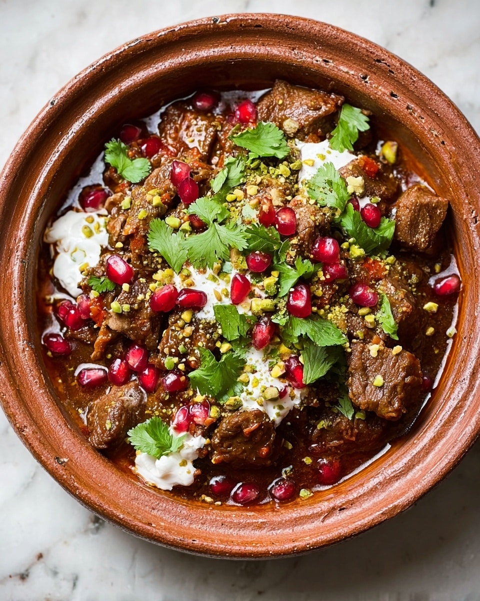 A rustic brown clay bowl filled with a layered stew sits on a white marbled surface. The bottom layer is a rich, dark brown meat stew with visible chunks of tender meat mixed with bits of tomato and spices. On top, there are small dollops of white yogurt or cream scattered around, along with bright red pomegranate seeds adding color contrast. Bright green fresh cilantro leaves are placed generously over the dish. Small pieces of crushed pistachios are sprinkled lightly over everything, adding texture and a hint of green. photo taken with an iphone --ar 4:5 --v 7