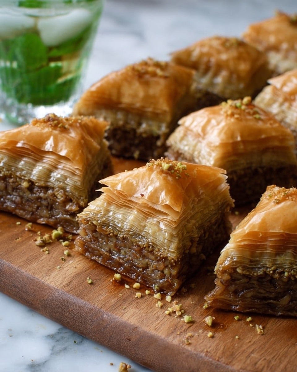 The image shows a close-up of several pieces of baklava arranged on a wooden board. Each piece has many thin, golden-brown layers of flaky phyllo dough on top, with a dense, textured filling of chopped nuts visible in the middle layer. The edges show crispiness, and the surface of the phyllo has a shiny, syrupy glaze. In the background, part of a clear glass containing a green drink with mint leaves is visible, all set on a white marbled surface. photo taken with an iphone --ar 4:5 --v 7