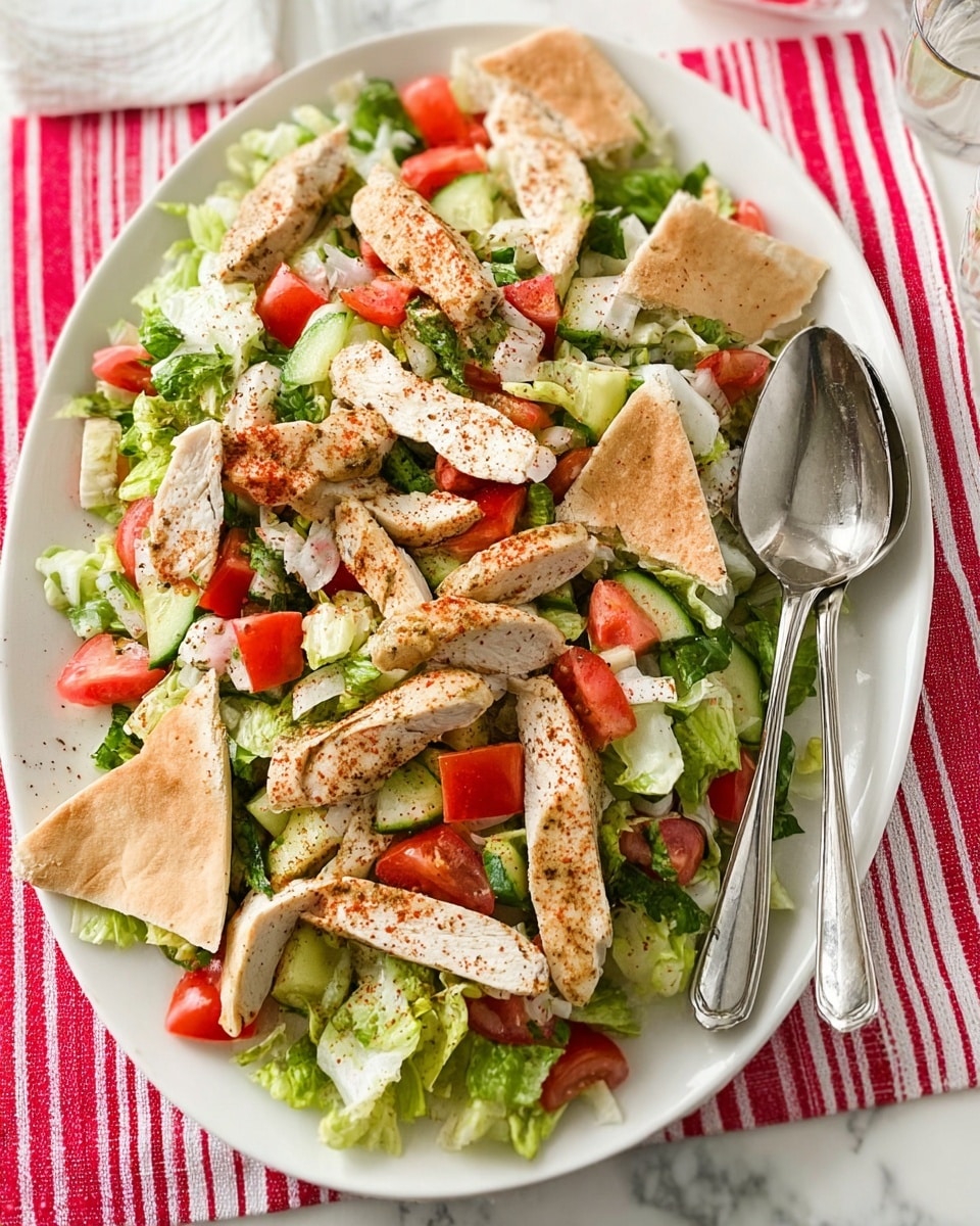 A white oval plate filled with a fresh salad showing many layers: the bottom layer is bright green chopped lettuce, mixed with red tomato chunks and green cucumber pieces scattered evenly. On top, there are strips of white cooked chicken breast sprinkled with a reddish seasoning. Around and between the chicken, there are beige pita bread pieces adding a soft texture. A silver fork and spoon rest on the right side of the plate. The plate sits on a red and white striped cloth over a white marbled surface. Photo taken with an iphone --ar 4:5 --v 7