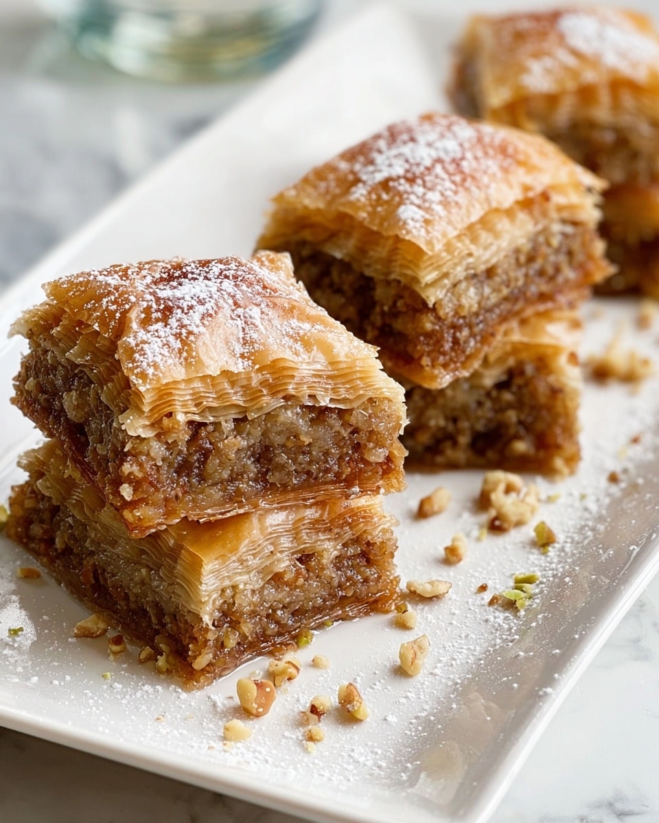 The image shows four pieces of baklava placed on a white rectangular dish. Each piece has several thin, golden-brown layers of flaky pastry on top and bottom, with a dense middle layer of finely chopped nuts that have a light brown color. The pastry on top looks slightly crisp and glistens with a light dusting of powdered sugar. Small crumbs of nuts are scattered on the dish around the pastries. The dish sits on a white marbled surface. Photo taken with an iphone --ar 4:5 --v 7