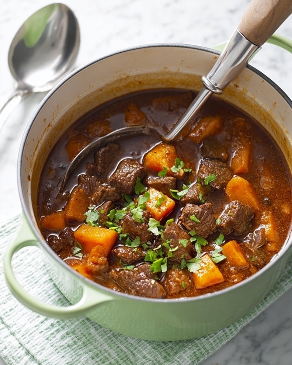 A light green enameled pot filled with a stew containing chunks of dark brown beef, bright orange pieces of sweet potato, and green herb leaves sprinkled on top. The stew has a rich brown thick broth that fills most of the pot, and a silver ladle with a wooden handle rests inside. The pot sits on a white marbled surface with a white and light green checkered cloth underneath. Nearby, a large silver spoon is placed to the left of the pot. photo taken with an iphone --ar 4:5 --v 7