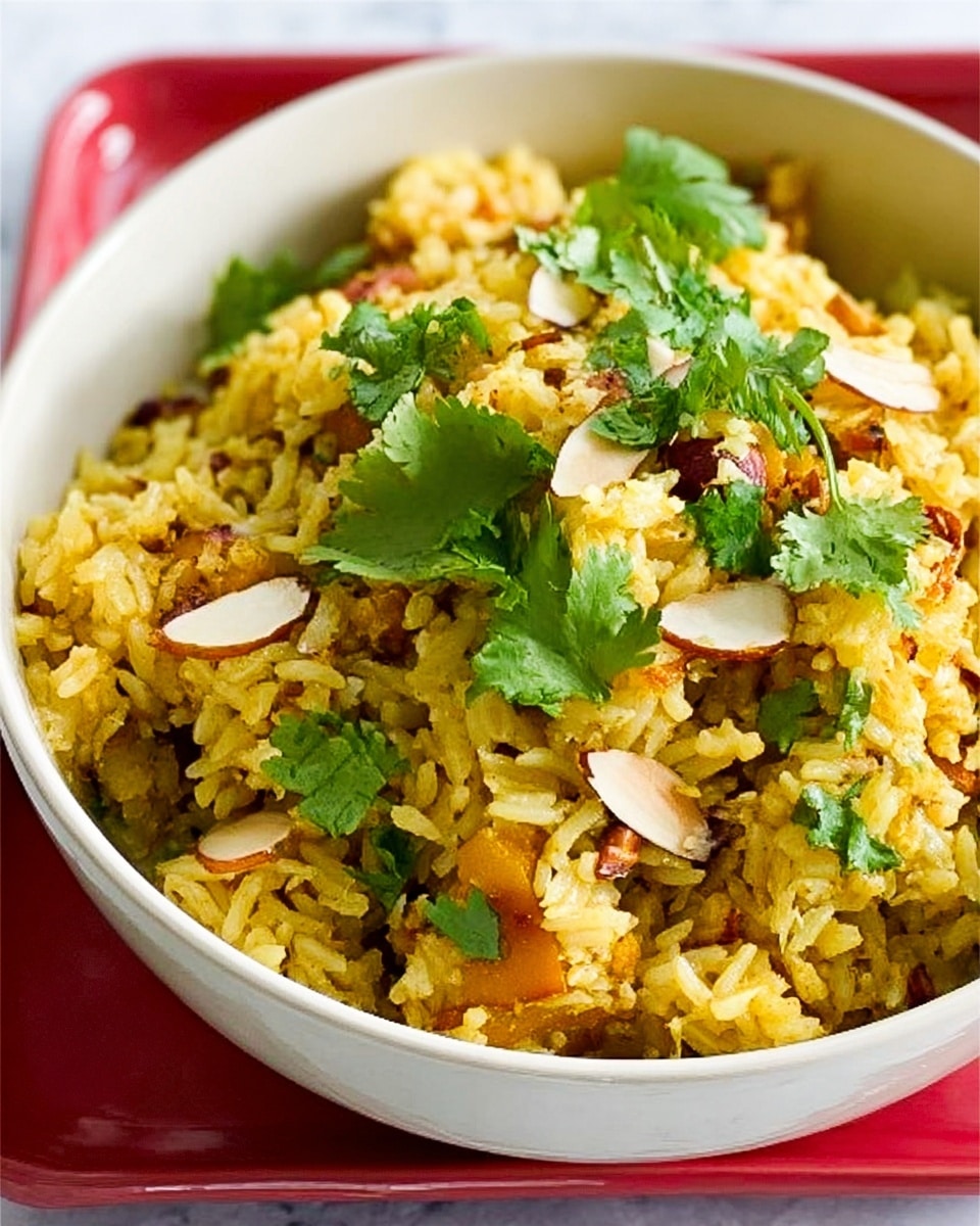 A close-up view of a white bowl filled with yellowish cooked rice mixed with small chunks of light brown and beige vegetables or nuts. The rice is garnished with bright green fresh cilantro leaves and thin light beige almond slices scattered on top. The bowl is placed on a red square trivet, which rests on a white marbled surface. The overall look is warm and fresh, with vibrant colors and varied textures in the dish. Photo taken with an iphone --ar 4:5 --v 7