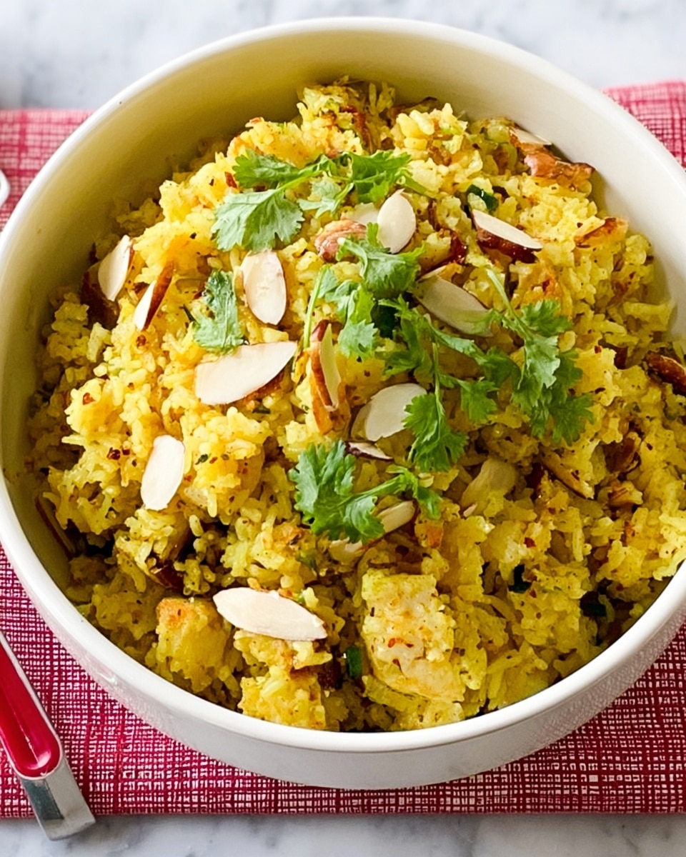 A white bowl filled with a yellow rice dish that has small chunks of light brown vegetables and bits of green herbs scattered throughout. The rice appears fluffy and mixed with spices, while thin, light beige almond slices and fresh green cilantro leaves are sprinkled on top. The bowl sits on a white marbled surface with a red and white checked cloth nearby. photo taken with an iphone --ar 4:5 --v 7