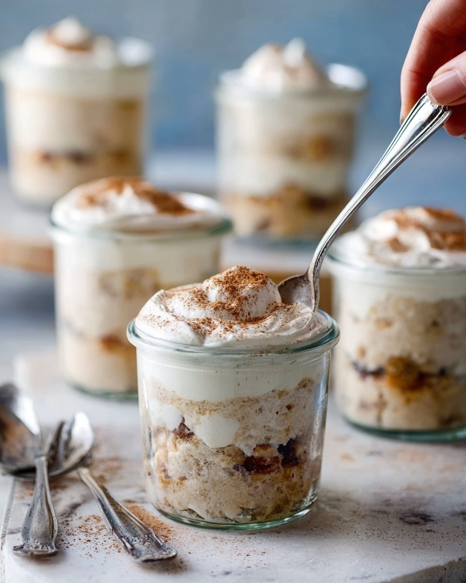 The image shows five clear glass jars filled with layered dessert on a white marbled surface. Each jar has a thick bottom layer of a chunky, creamy mixture with visible pieces of fruit or nuts in light brown and beige colors. Above that is a smooth, white whipped cream layer topped with a light dusting of brown cinnamon powder. One jar in the front-center has a woman’s hand holding a small silver spoon inserted into the dessert. The background shows soft light and blurry jars in similar style. photo taken with an iphone --ar 4:5 --v 7