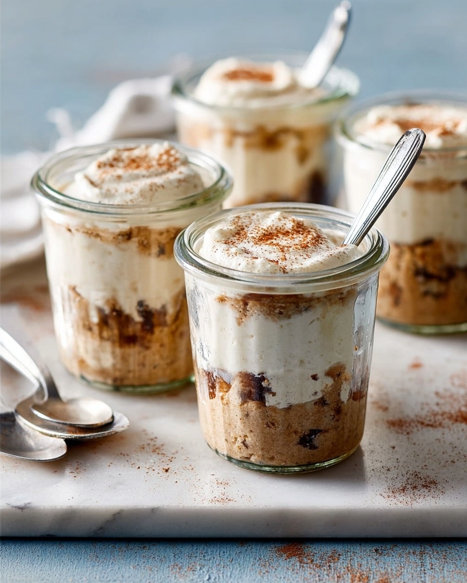 The image shows four clear glass jars filled with a layered dessert on a white marbled surface. Each jar has three layers: the bottom layer is a chunky texture with light brown shades and dark spots, the middle layer is a creamy white, smooth topping, and the top layer is sprinkled with a light dusting of cinnamon powder. One jar in the front has a small silver spoon stuck inside, while two small spoons lie beside the jars on the surface. The background is softly blurred, giving focus to the jars. photo taken with an iphone --ar 4:5 --v 7
