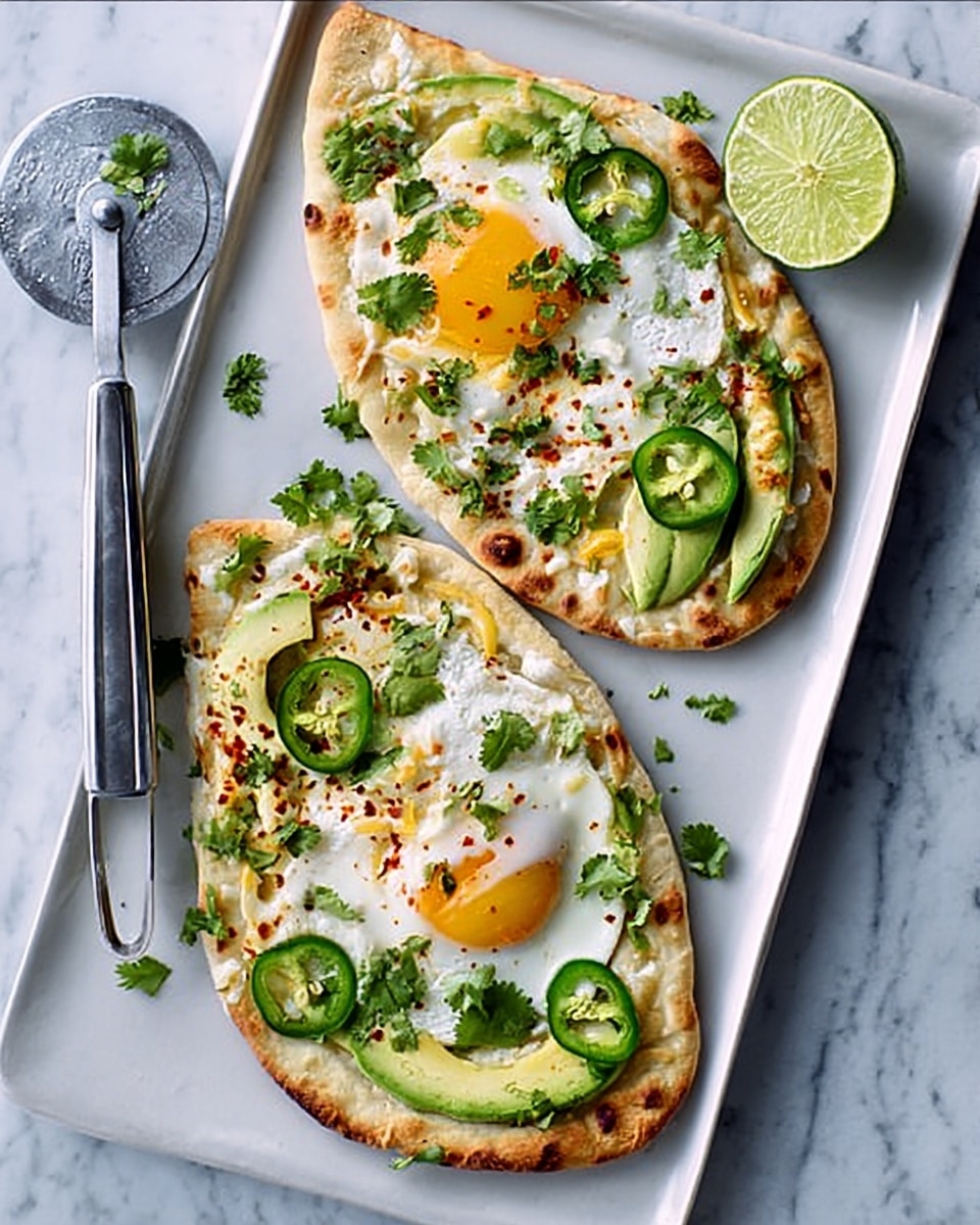 Two flatbreads placed side by side on a white rectangular plate, each topped with a sunny-side-up egg in the center. Under the eggs, there are layers of melted cheese and slices of avocado, with green jalapeño slices scattered on top. Fresh green cilantro leaves are spread over the flatbreads, adding a touch of color. On the plate’s side, there is a halved lime and a silver spatula resting nearby. The background is a white marbled surface. Photo taken with an iphone --ar 4:5 --v 7