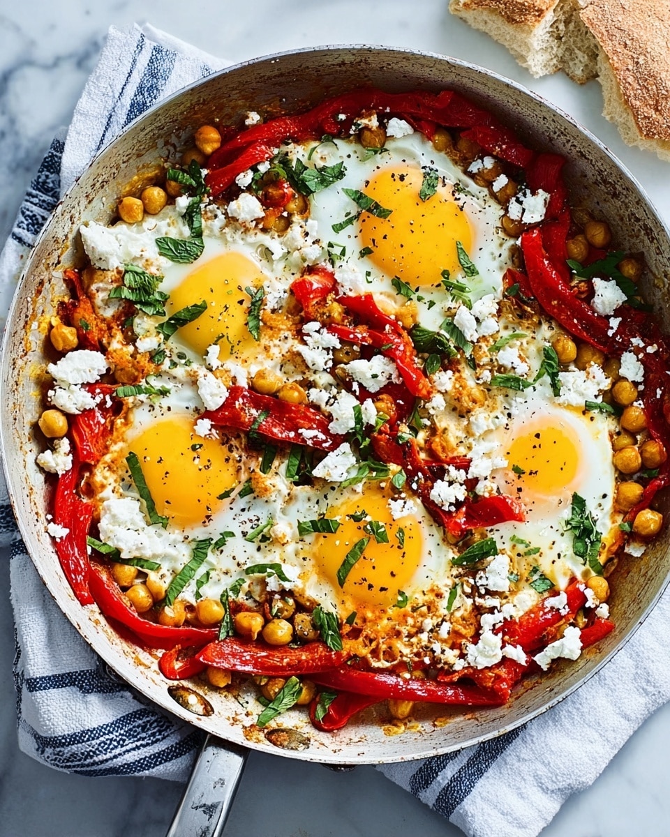 The image shows a white pan filled with a colorful dish containing four cooked eggs with bright yellow yolks and white edges, scattered across the pan. Around the eggs, there are roasted red pepper strips with a slightly shiny texture, golden-brown chickpeas, and small white crumbles of cheese spread evenly. Fresh green herbs are sprinkled on top, adding a fresh look to the dish. The pan sits on top of a white towel with blue stripes, placed on a white marbled surface, and there is a piece of bread partially visible to the side. Photo taken with an iphone --ar 4:5 --v 7