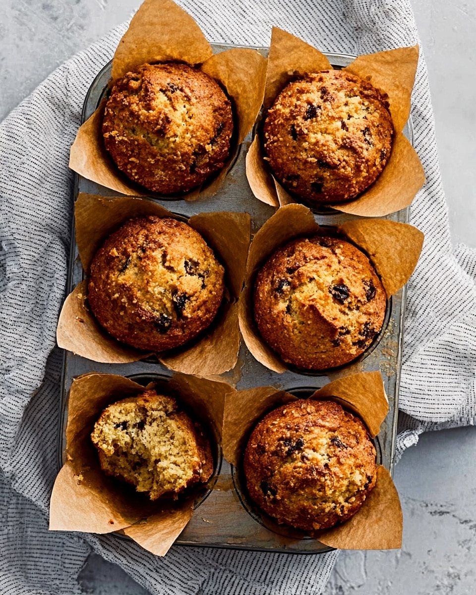 Six golden brown muffins with cracked tops and visible dark chunks are placed in a gray muffin pan lined with brown parchment paper cups. One muffin at the bottom left is broken open, showing a moist, crumbly inside with dark pieces. The pan sits on a white marbled surface covered partially by a white and gray striped cloth. Photo taken with an iphone --ar 4:5 --v 7