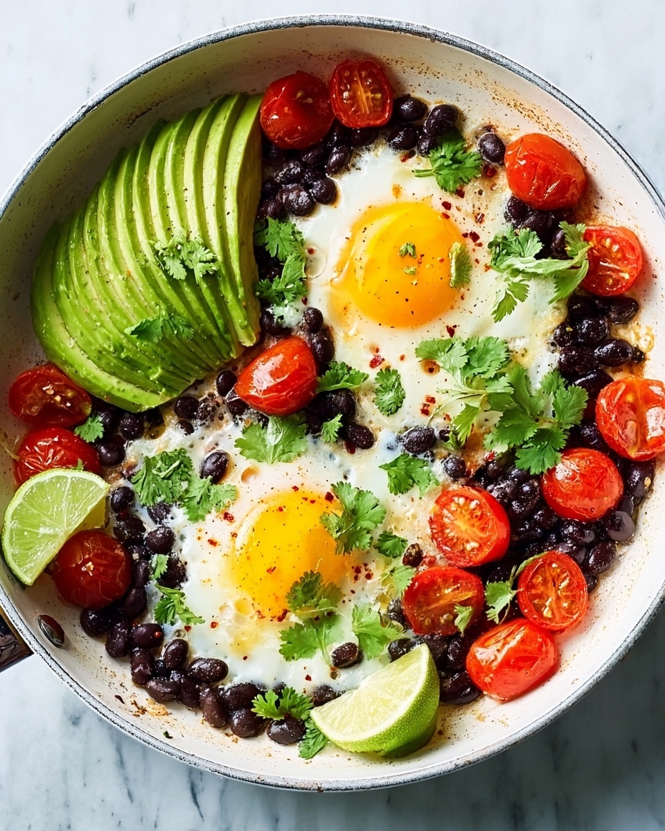 A white shallow pan contains two sunny-side-up eggs with bright yellow yolks near the center, each surrounded by a spread of shiny black beans and small red cherry tomatoes scattered around them. On the left and bottom edges of the pan, there are two thick, fanned-out slices of bright green avocado. A lime wedge rests on the bottom left side. The dish is topped with fresh green cilantro leaves sprinkled across all the ingredients. The pan sits on a white marbled surface. Photo taken with an iphone --ar 4:5 --v 7