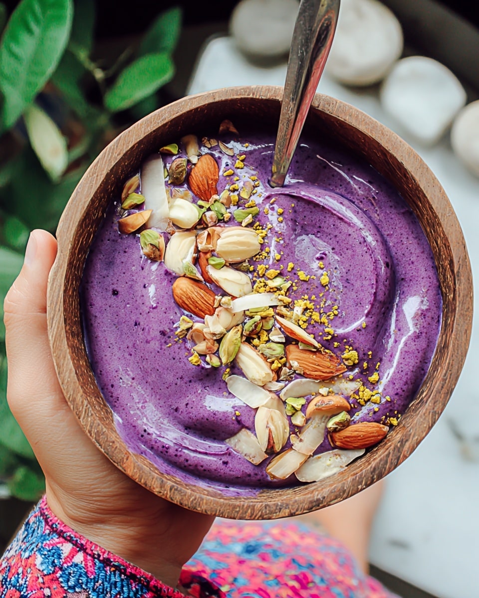 A wooden bowl filled with a thick, creamy purple smoothie has a smooth and slightly swirled texture on top. The smoothie is decorated with a neat line of mixed nuts and seeds, including whole almonds, slivered almonds, pistachios, and tiny crunchy yellow bee pollen pieces. A spoon with a metallic look is partially dipped into the smoothie on the left side. The bowl is held by a woman's hand, and in the blurred background, there is green plant life and scattered white stones on a white marbled surface. The sleeve of a colorful fabric with red, blue, and pink patterns is slightly visible at the bottom. photo taken with an iphone --ar 4:5 --v 7