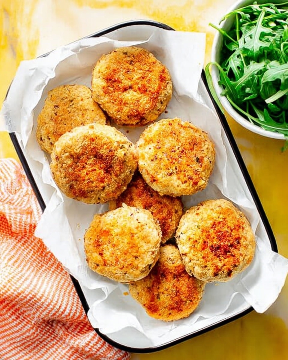 Seven round, golden-brown patties with a crispy, crumbly texture are arranged on white parchment paper inside a white tray with a black rim. The patties vary slightly in size and have a light dusting of seasoning on top, giving some areas a reddish tint. The tray sits on a white marbled texture with bright yellow tones around it, and to the right, there is a white bowl filled with fresh, dark green leafy arugula. An orange and white striped cloth is partially visible beneath the bowl. Photo taken with an iphone --ar 4:5 --v 7